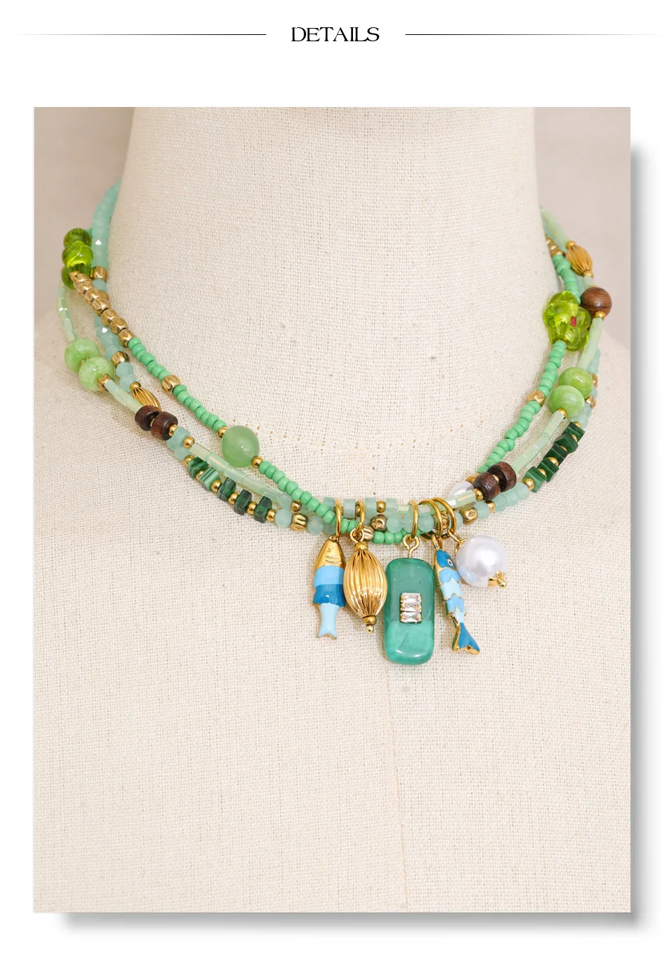 Yhpup Edelstahl Handgefertigte Halskette Grüner Kristall Harz Mehrschichtige Kette Fisch-Anhänger Frühling Sommer Böhmischer Schmuck Wasserfest – Detail 9