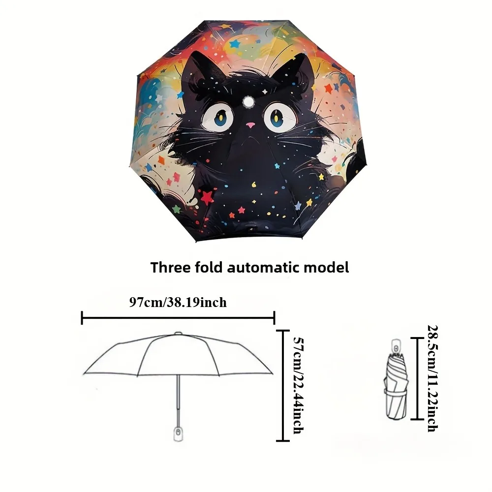 1pc Star Cat Cartoon Umbrella Suitable for Rain Fully Automatic Compact Portable Wind Resistant Ribs