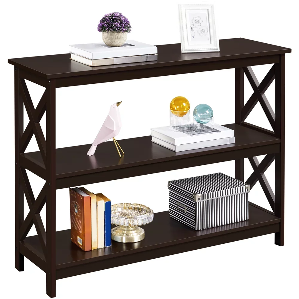 

3-Tier X-Design Console Table with Storage Shelves, Espresso Sofa Side Tea