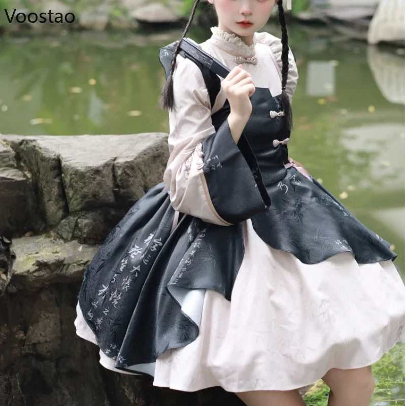 Chinese Style Vintage Lolita Princess Dress Women Elegant Gothic Bamboo Leaf Print Cheongsam Mini Dresses Sweet Y2k Vestidos
