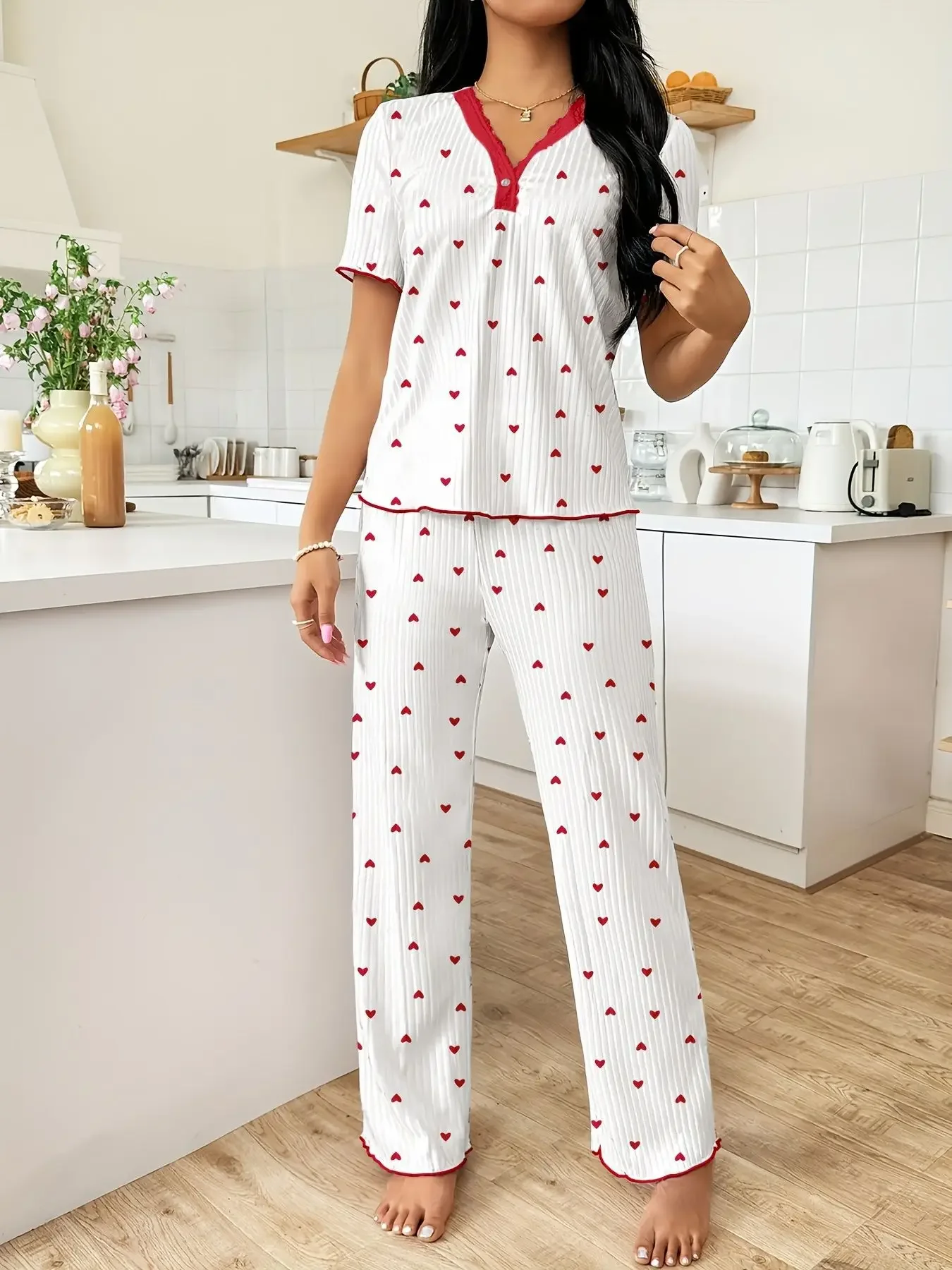 Autumn Winter Warm Pajamas Set for Women Sleepwear Sexy Heart Print Tops and Trouses Sets Comfortable Pyjama Loungewear