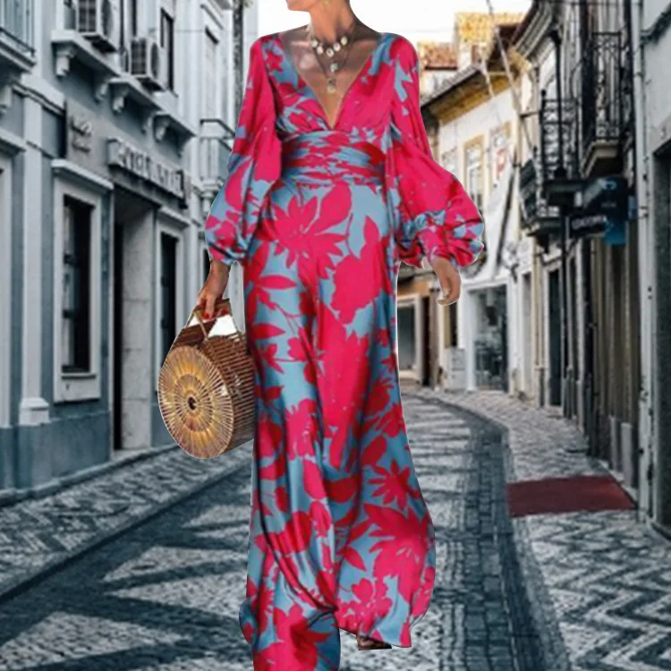 Fashion Elegant Print Sexy Deep V Neck Puff Sleeve High Waist Maxi Dress
