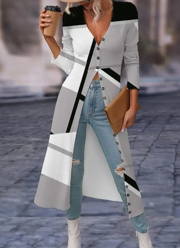 

Women's Long Cardigan 2023 Autumn and Winter New Geometric Print Deep V-Neck Longline Coat Long Sleeve Cardigan Coat