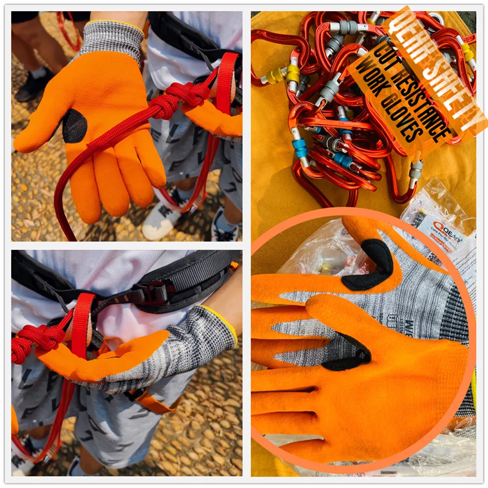 QearSafety Cut level 5 Protection Work Gloves HPPE fiber Knitted Sandy Orange Color Nitrile Palm Coated Anti-slip Flexible anti cut gloves,work gloves,cut resistant gloves,protective gloves