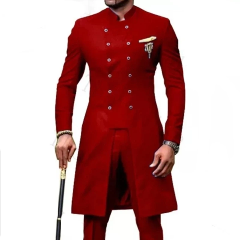 High Quality Red Men Suits Long Jacket Slim Fit 2 Pieces Sets Formal