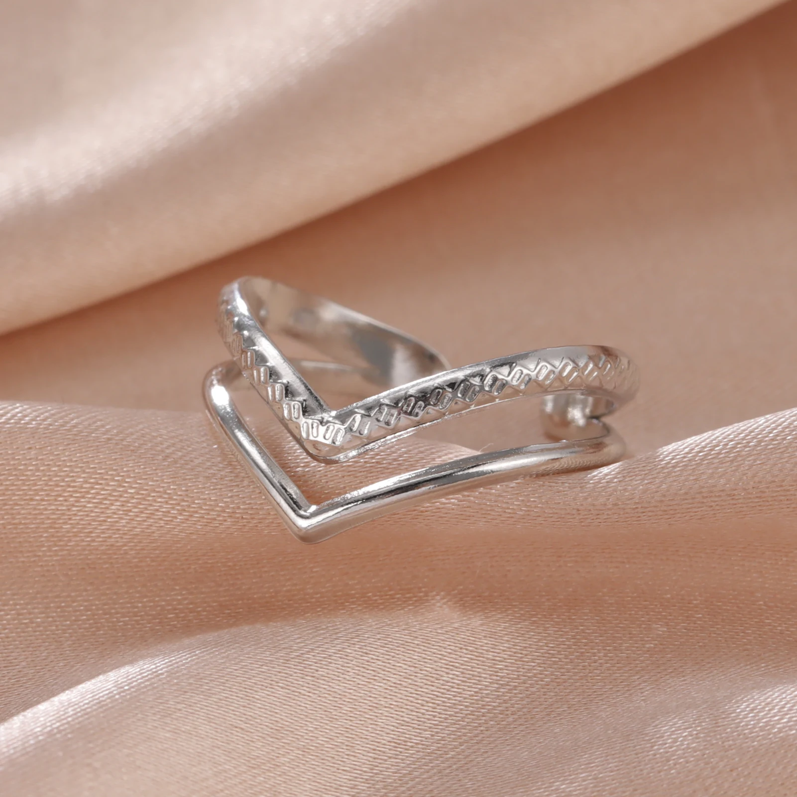 Stainless Steel Geometric Heart Adjustable Open Ring - Fashion Jewelry Gift