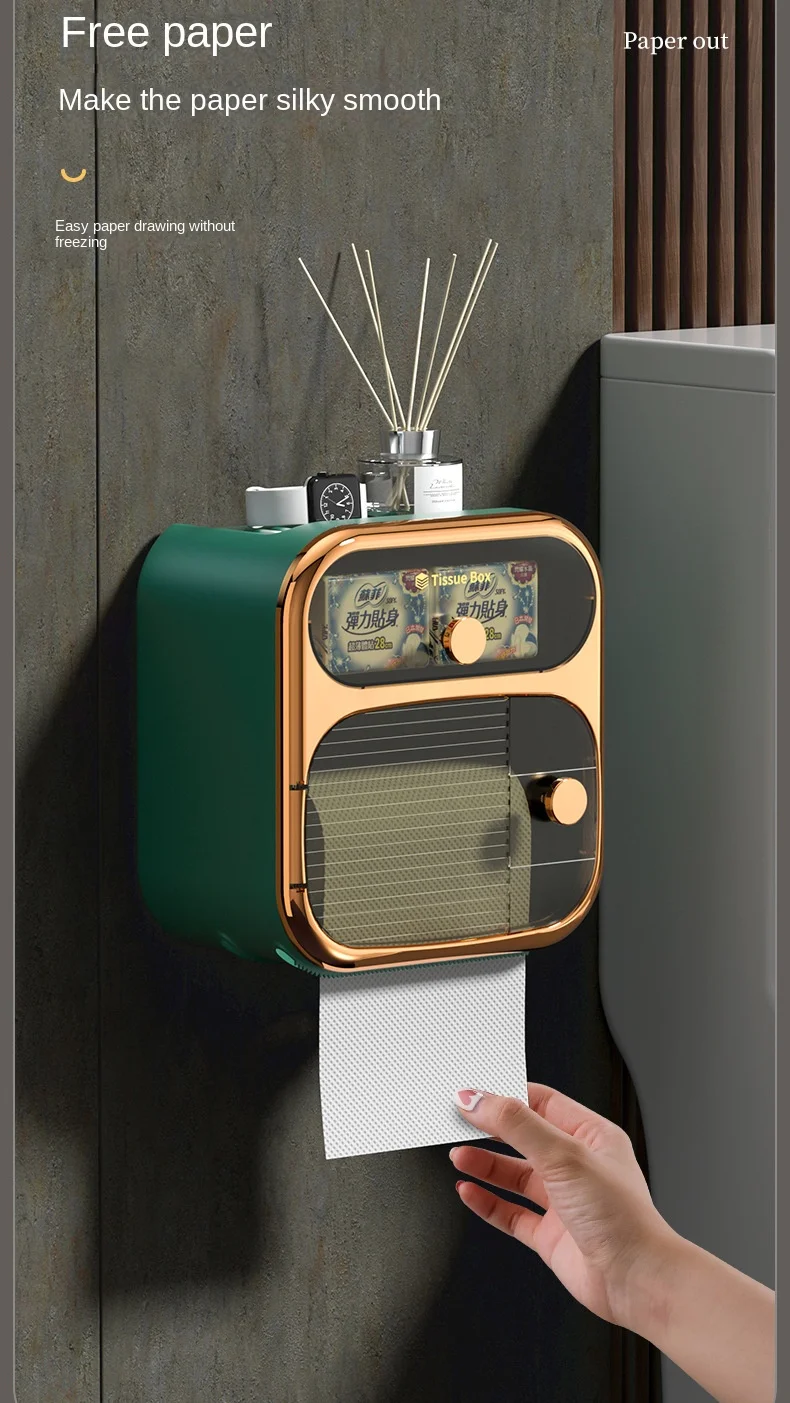 S69daa18a79134bee9360b552986fdab0w Toilet Tissue Box, Wall Mounted Waterproof Toilet Paper Box Punching Free Suction Paper Box Toilet Paper Roll Paper Storage Rack Mallzona