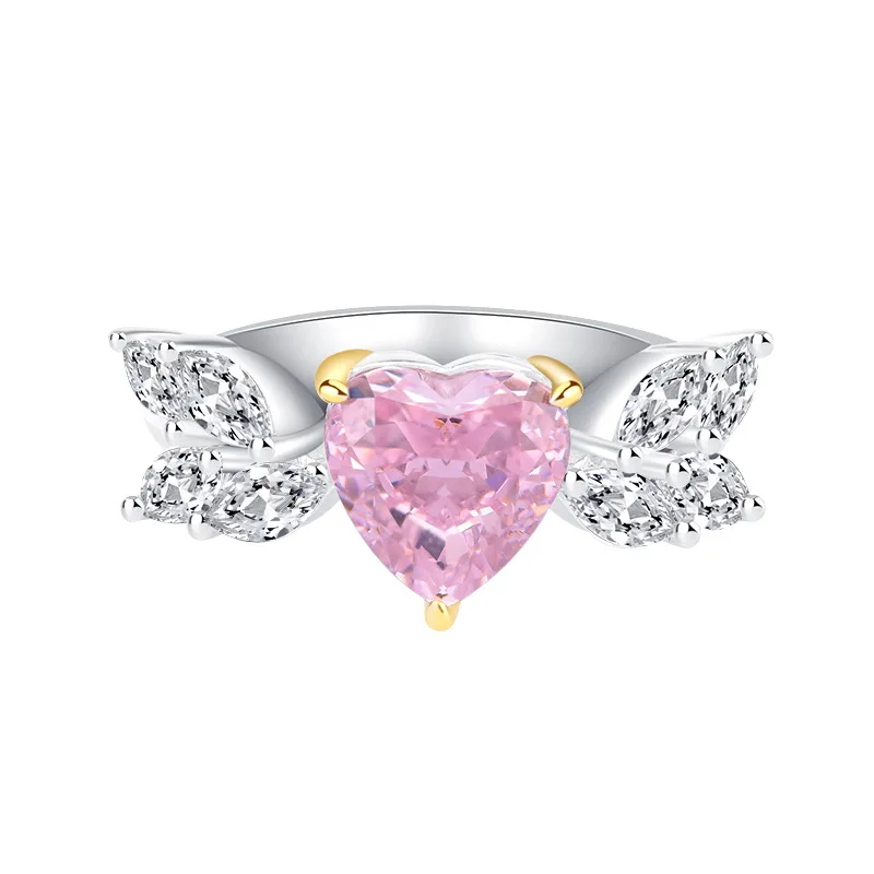 S925 Silver High Carbon Diamond 8 * 8 Heart shaped Angel Wings Ring Set with Diamond Simple Ring Wholesale of Women's Jewelry