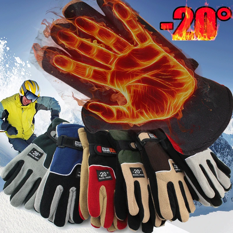  Winter Gloves Men Motorcycle Ski Women Thermal Fleece Cold Resistance Wind Waterproof Bicycle Warm Outdoor Running Skiing Mitten 