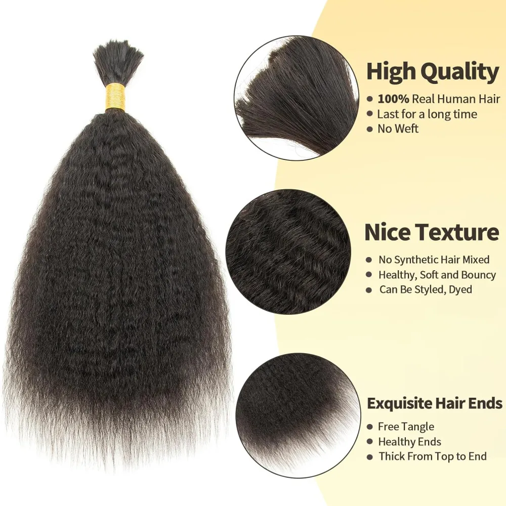 Kinky Straight Human Hair Braiding Hair No Weft Natural Color Real Human Bulk For Braiding Extensions 16-26Inches #1B