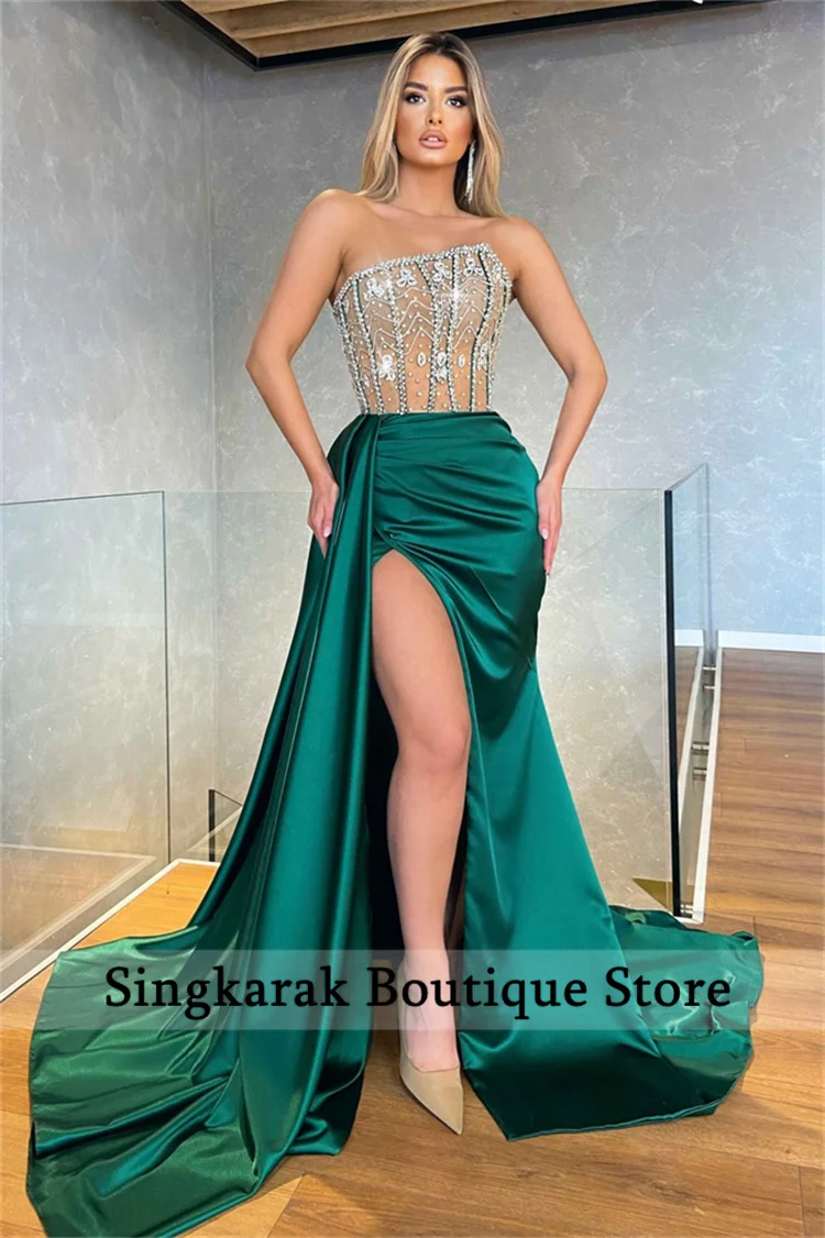 black formal gown Sparkly Mermaid Evening Dresses  2022 Nude Pleats Beads Crystal Formal Party Gowns Birthday Wear Robes De Soirée red evening gowns
