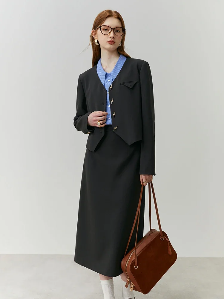 

FSLE Korean Style Gray Suit Sets for Women Spring Autumn Wear Short V-neck Coat Blazers + Straight Skirt Two-piece Set Female