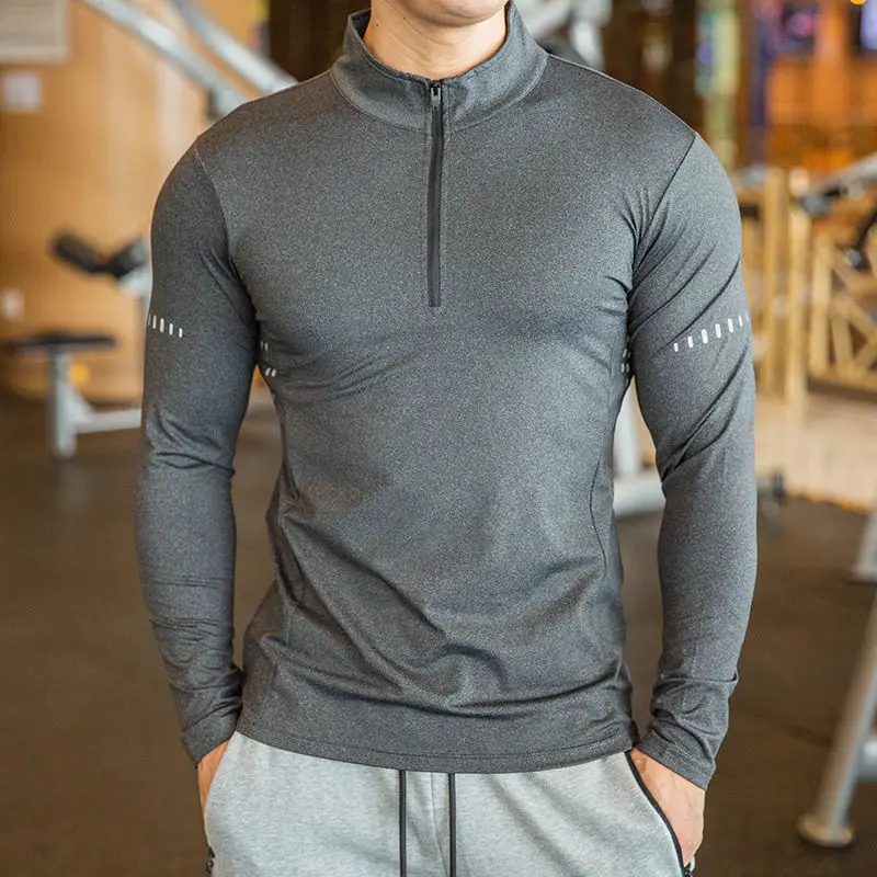 Men Slim Fit Track Top Men's Half Zipper Stand Collar Sports T-shirt with Long Sleeves for Running Fitness Training Breathable 5