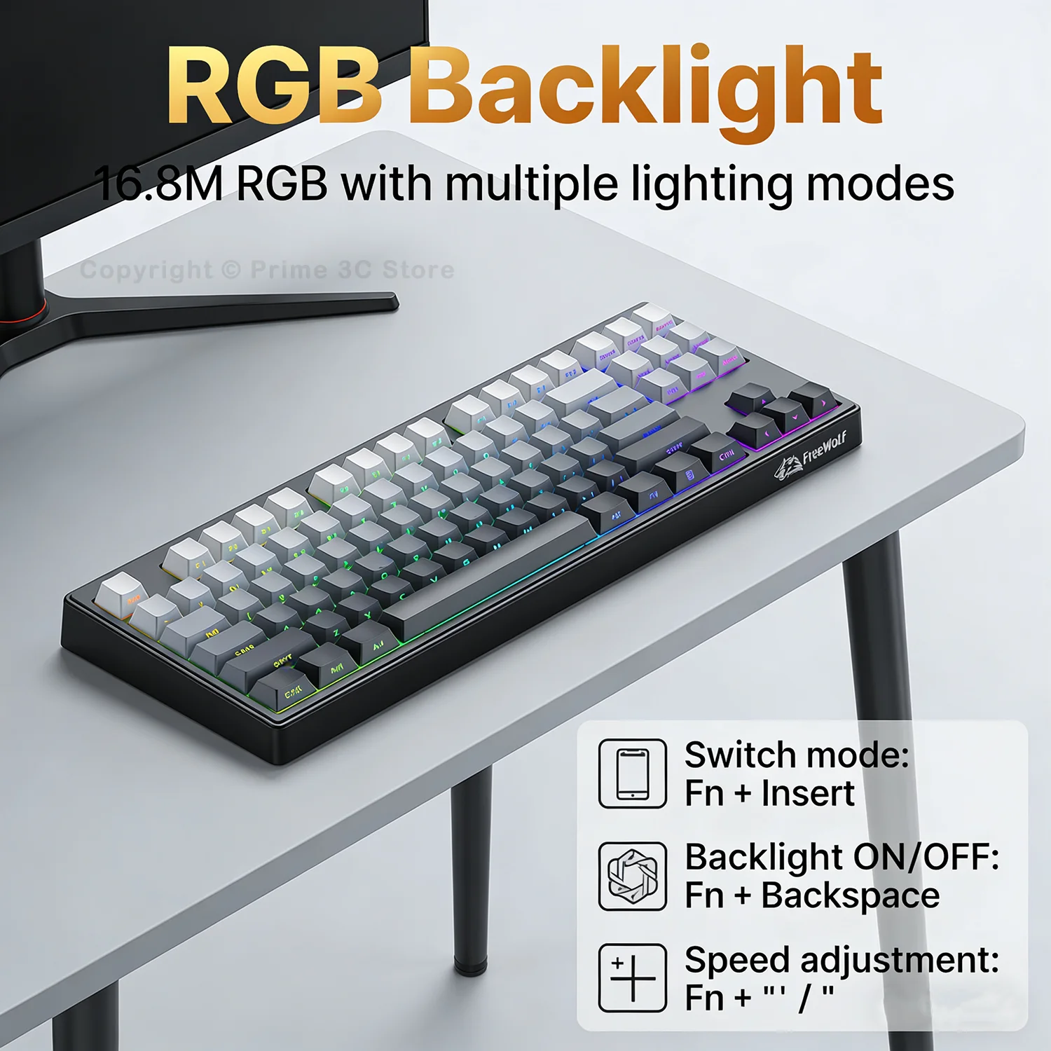 프리울프 M87v2 무선 게이밍 키보드, RGB 87키 TKL PBT 키캡, 무소음, 트리플 모드 블루투스/2.4G/유선, 대용량 배터리