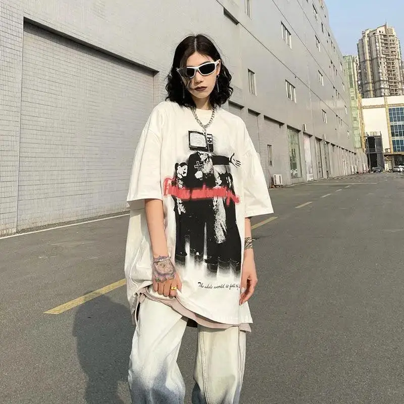 

DAYIFUN-Women's Oversized Short Sleeve T-shirts Lady Clothing Streetwear Graphics Tees Hip-hop Style Couple Casual Tops Summer
