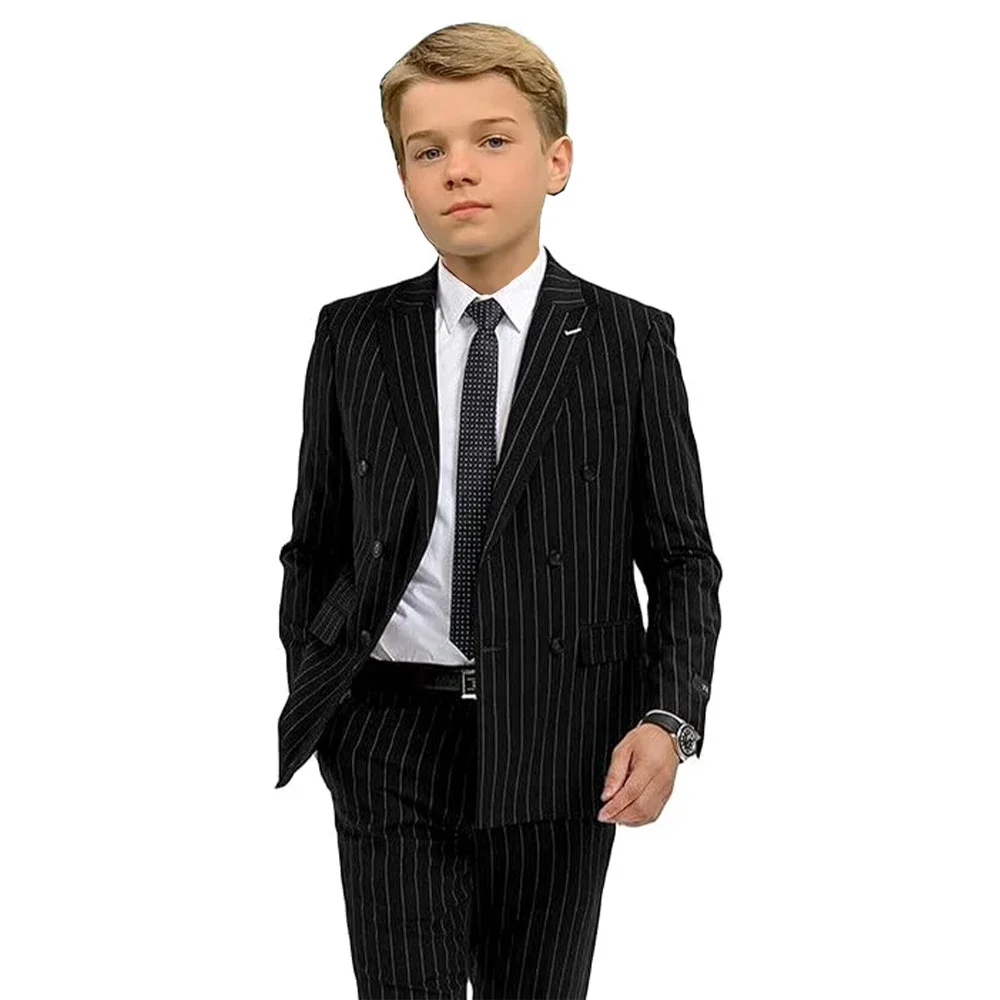 

Boy's Double Breasted Suits 2 Pieces Tuxedo Black Striped Peaked Lapel 2-16 Year Old Blazer Pant Kids Costume for Wedding Party