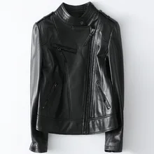 

Spring Fashion New Black Zipper Genuine Leather Jacket Women's Casual Stand Collar Short Sheepskin Motorcycle Coat Simple Style