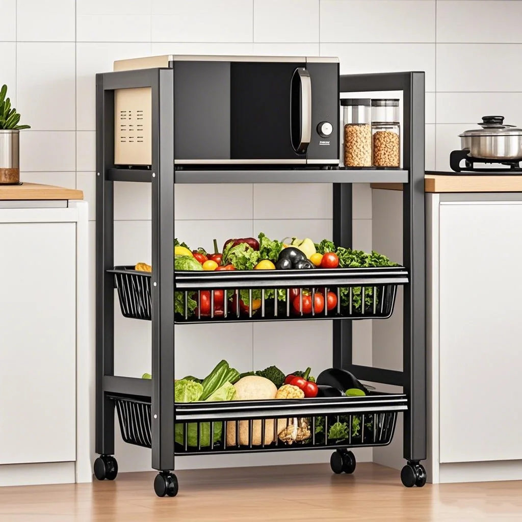 A mobile kitchen storage rack with adjustable 3-tier shelves, featuring ...