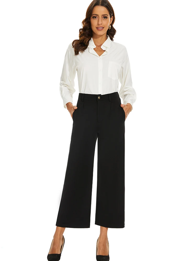 

Vangull Summer New Black Women Wide Leg Pants Solid Female Loose Pocket Simple High Waist Thin Stright Ankle-Length Pants