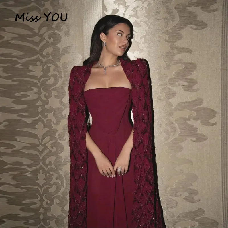 Customized Evening Dresses Burgndy Luxury Beaded Sequins Cape Sleeve Strapless Pleat Chiffon Prom Gowns Party Dress Customized