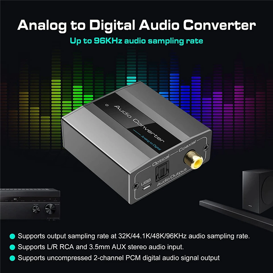 96KHz Analog to Digital Audio Converter With RCA 3.5mm Jack Stereo to Optical To