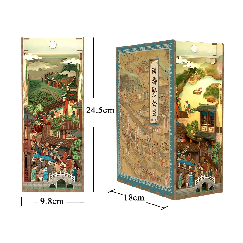 DIY Wooden Book Nook Shelf Insert Kits Chinese Ancient Street View Bookends Miniature Building Kits Bookshelf For Friends Gifts 4