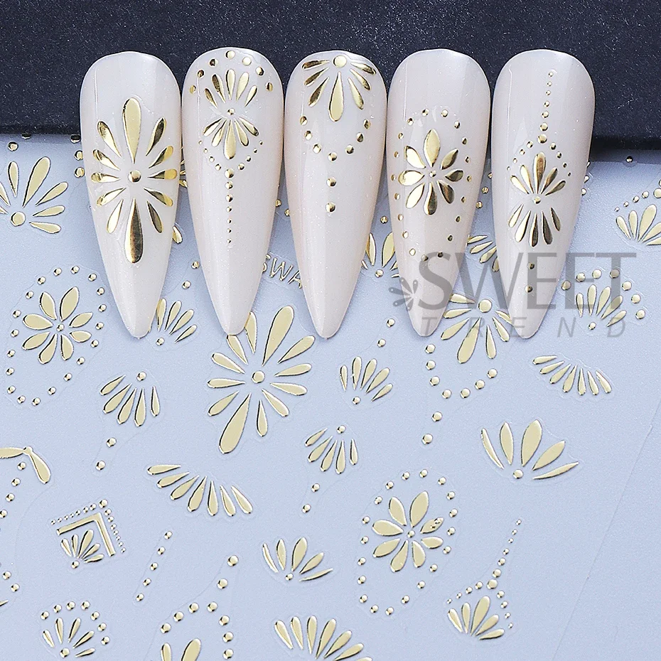 3pcs Bohemian Style Nail Stickers Gold Silver Blue Flower Petals Line Self-Adhesive Boho Nail Decals DIY Manicure Sliders Decor