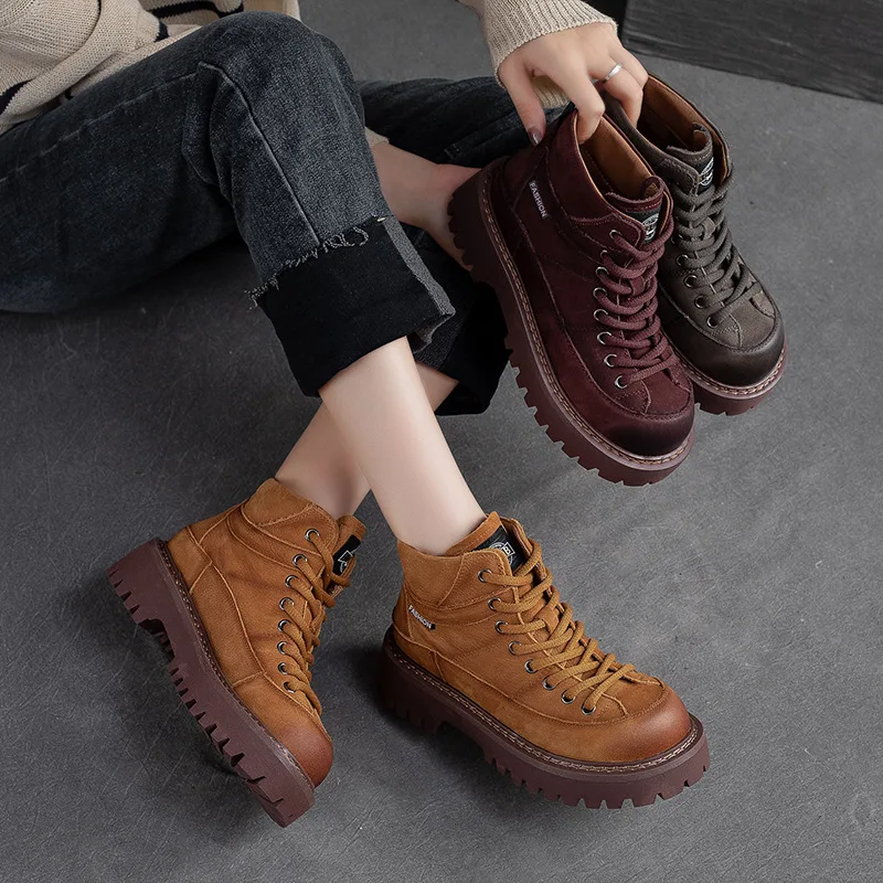 

Birkuir Genuine Leather Platform Boots For Women Thick Heel Punk Boots Lace Up Platform Boots Luxury Shoes Ladies Short Boots