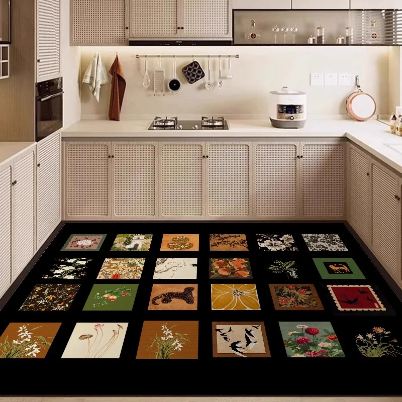 PVC Leather Kitchen Mat Retro Plaid Pattern Large Area Carpet Practical Waterproof Oil-proof Non-slip Balcony Rug Alfombra Tapis