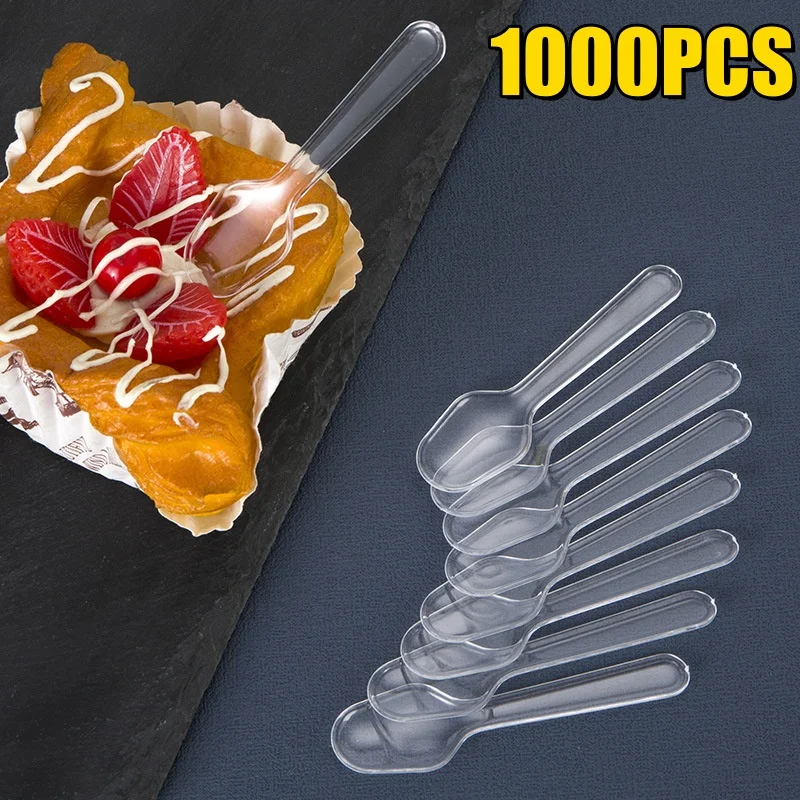 1000Pcs Disposable Mini Tasting Spoons For Ice Cream Cake Desert Jelly Pudding Party Supplies Black/Clear Plastic Serving Spoons