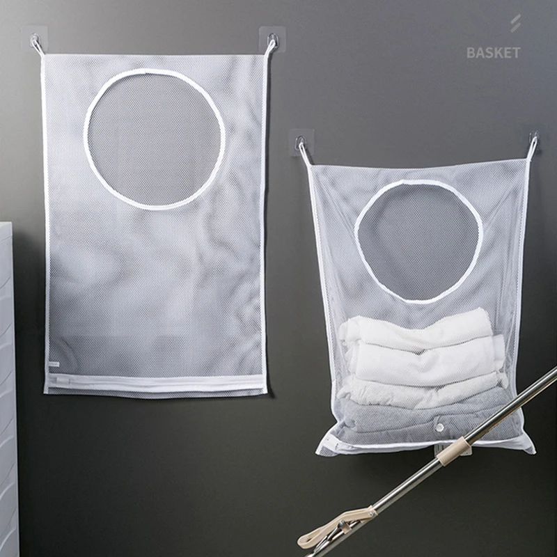 1/2pcs Folding Folding Laundry Sorting Basket Washing Frame Bathroom Mesh Dirty Clothes Storage Bag Wall Hanging Bag with Hook