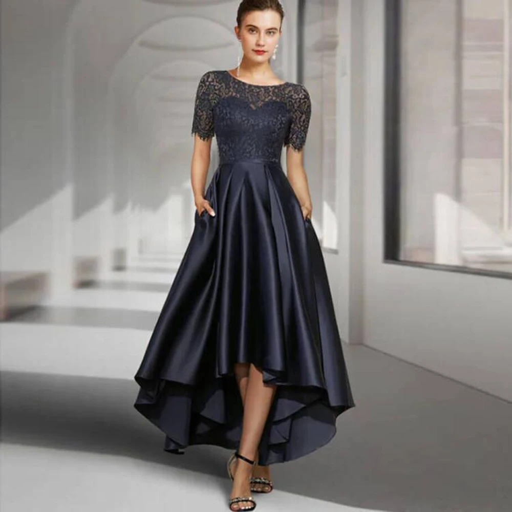 Mother Bride Dresses Navy Mother Evening Party Dresses for Wedding Jewel Neck Short Sleeves Top Lace A Line Bride Dress
