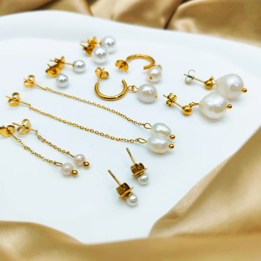 eManco Freshwater Pearl Earrings Stainless Steel Women's Jewelry Chain Drop Pierced Earrings Pearl Jewelry Set Gift drop earrings,dangle earrings,pearl earrings