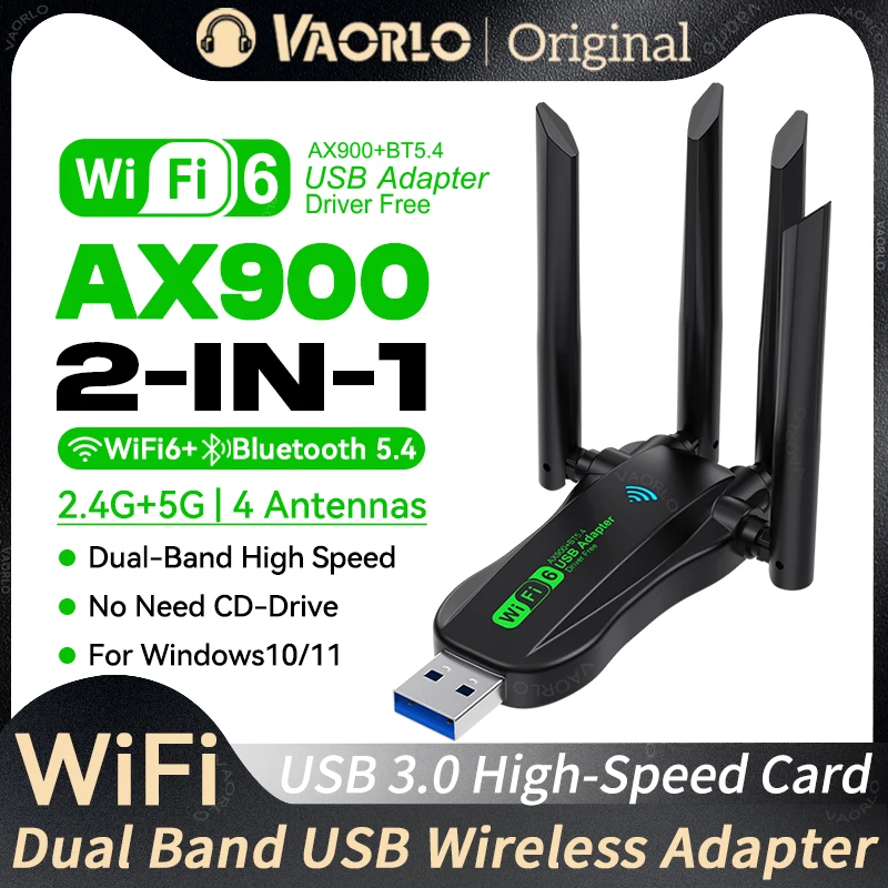 VAORLO AX900 WIFI6 USB Adapter 2IN1 Bluetooth 5.4 Dual Band 2.4G&5G 900Mbps WiFi 6 802.11AX USB3.0 Wireless Card Receiver For WIN10/11