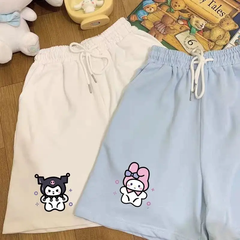 

Спортивные прямые шорты Cinnamoroll с высокой талией, обтягивающие свободные Пятиточечные широкие брюки, Мультяшные плюшевые шорты Kuromi Mymelody для девочек