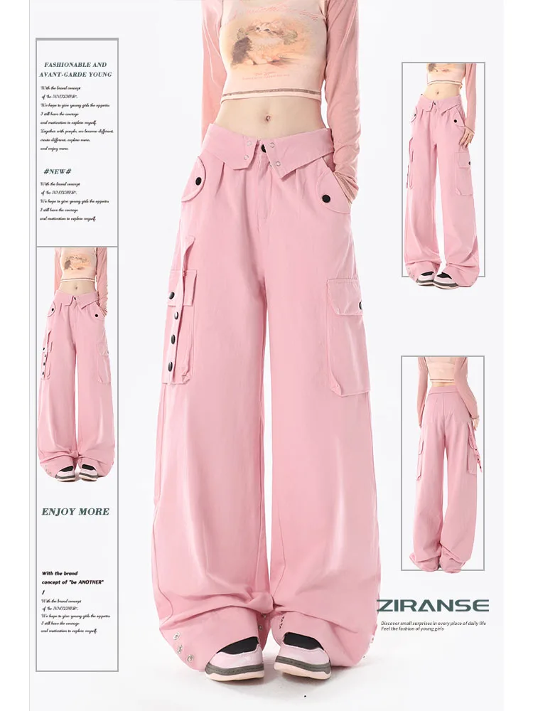 Pink Overalls Women's Washed Cotton Versatile Fashion Loose Casual New Autumn and Winter Warm High Waist Straight Wide-Leg Pants