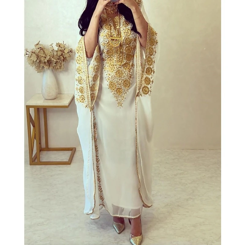 Offerta Marocchino Cream Dubai Kaftano Macina Abaya Abito Lungo Molto Decorato
