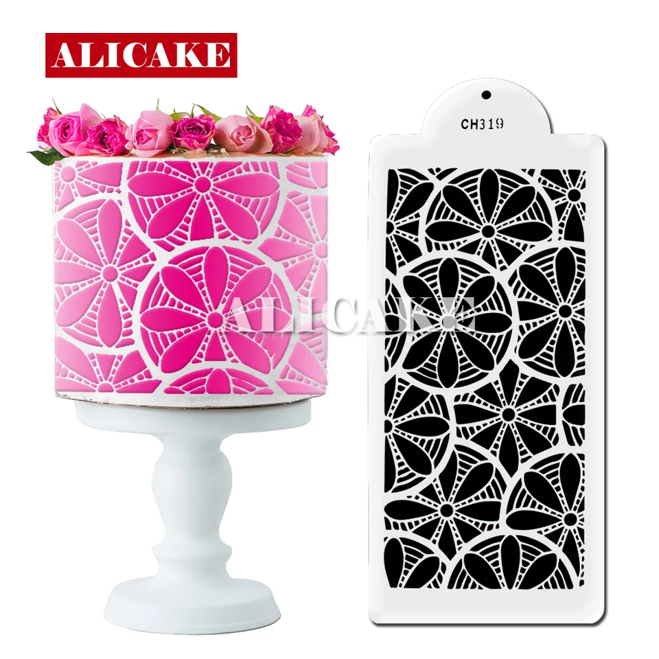 2-Pack Cake Decorating Stencils - 25x20cm PET Plastic Floral & Geometric Side Molds For Buttercream