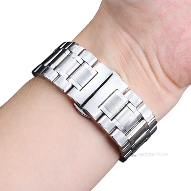 Elegant Stainless Steel Watch Strap with Curved End and Butterfly Clasp