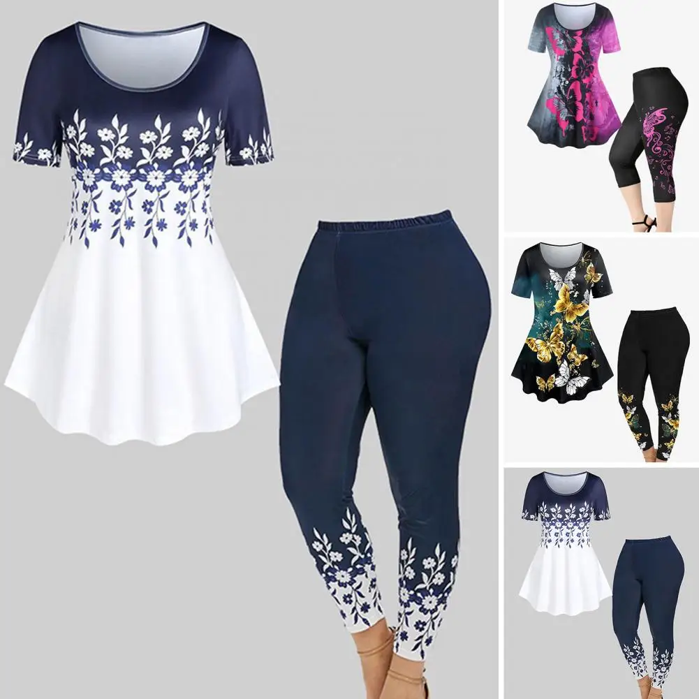 

Short Sleeve Top Jogging Pants Set Women's O-neck Short Sleeve Top High Waist Leggings Set for Yoga Streetwear Outfit with Loose