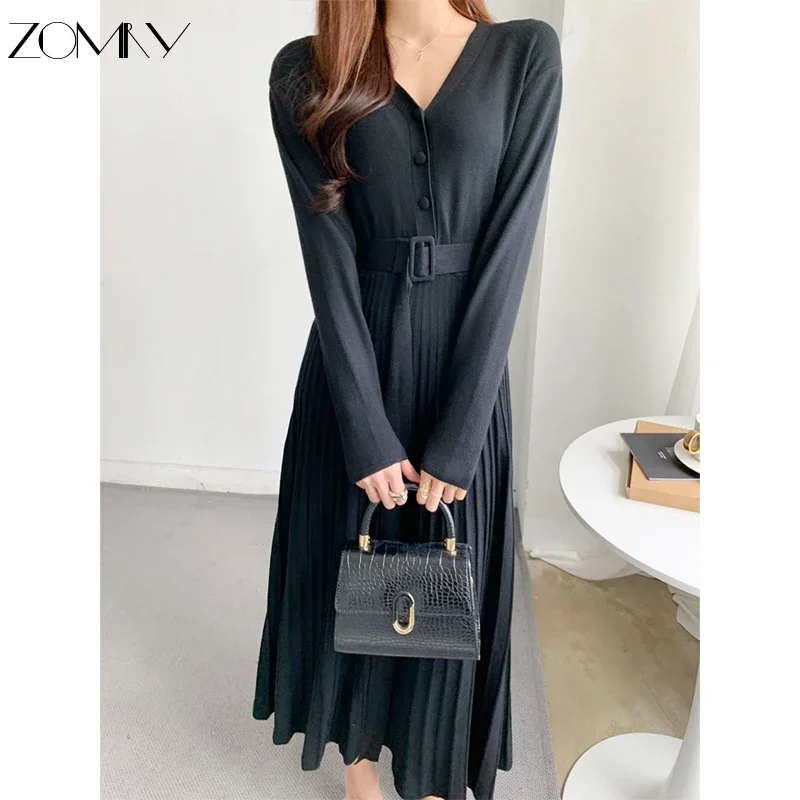 

ZOMRY Women's Knitted Dress Korea New Autumn Winter Slim Long Sleeve Bottoming Clothing Elegant Fashion Office Female Vestidos
