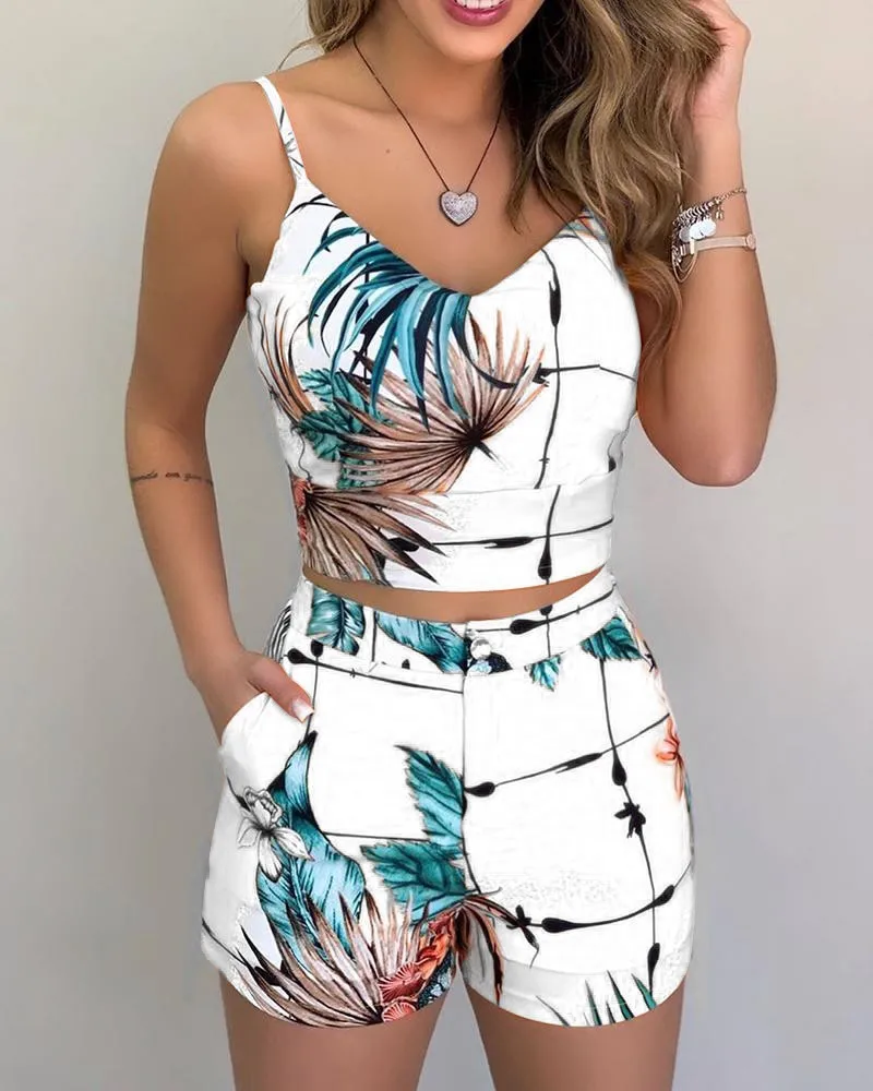 Women 2-piece Outfit Set Female High Waist Hot Shorts Pants Suit Summer Flower Printed Sleeveless V-neck Sling Blouse Shorts Set women 2 piece outfit set female high waist hot shorts pants suit summer flower printed sleeveless v neck sling blouse shorts set