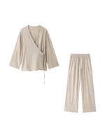 Women Fashion With Tied Loose Kimono Blouses And High Elastic Waist Side Pockets Pants Female Two Piece Sets Mujer - Image 4