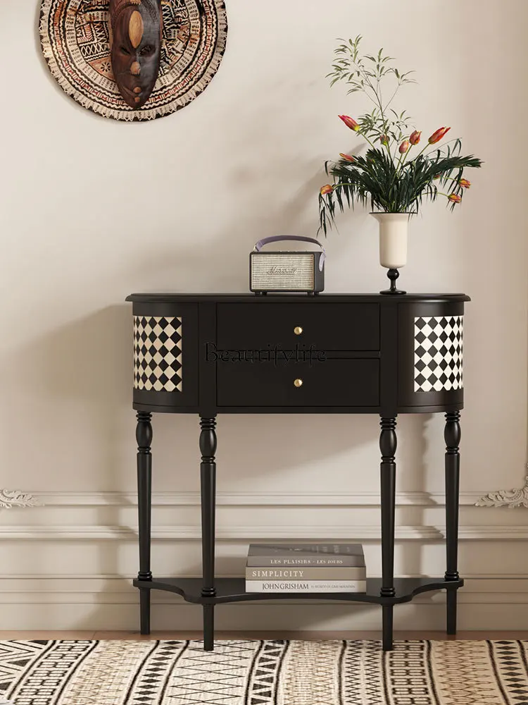 

Mid-Ancient Solid Wood Entrance Cabinet Corridor Retro Wall French Black and White Plaid Niche with Drawer