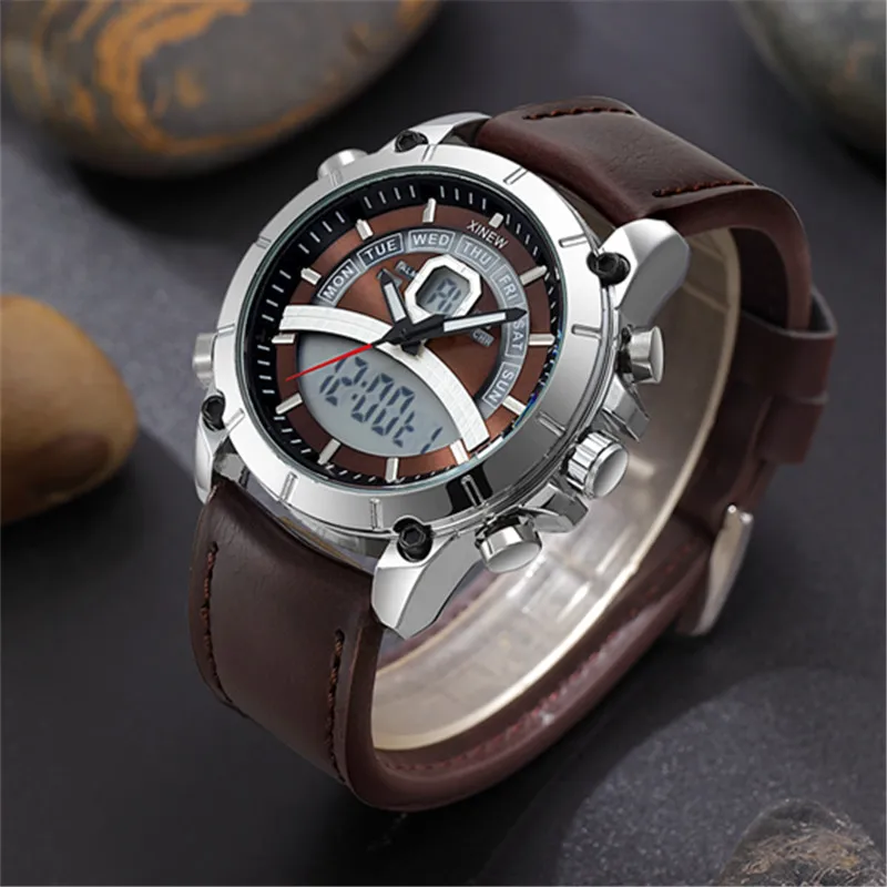 Men Big Brand XINEW Watches Students Fashion Leather Band Sports Multi-function Dual Time Chronograph Watch Relogio Masculino