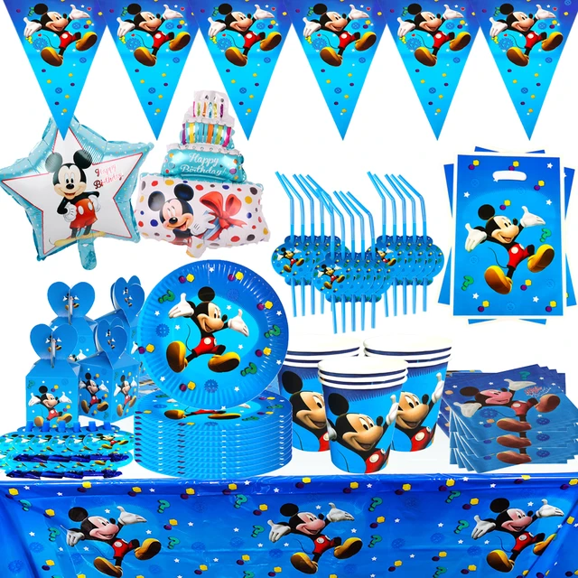 Décorations de fête d'anniversaire Mickey Mouse bleu pour enfants, ballons,  sac cadeau, gobelets en papier, serviettes, assiettes, pailles, fournitures  de fête prénatale Disney - AliExpress