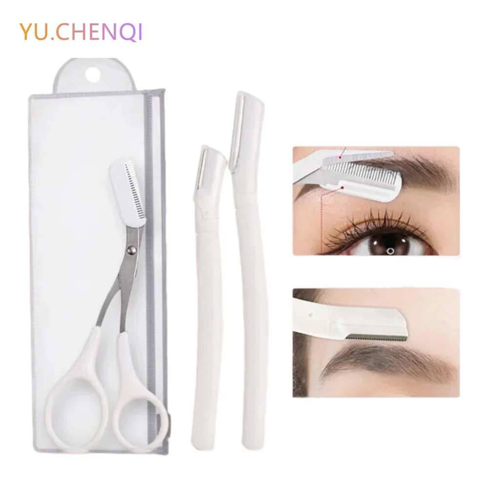 3Pcs Eyebrow Trimming Knife Eyebrow Face Razor For Women Professional Makeup Eyebrow Scissors Comb Brow Trimmer Scraper