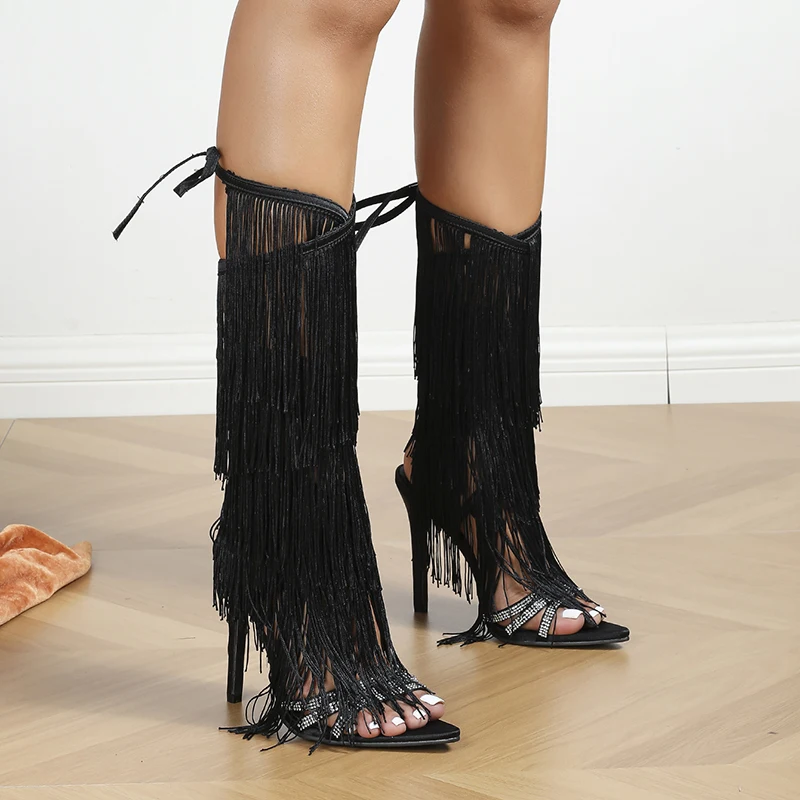 Pointed Peep Toe Tassel Bow Rhinestone Women Sandals Boots Summer Stiletto Heels Buckle Black Gladiator Shoes Model Runway Shoes