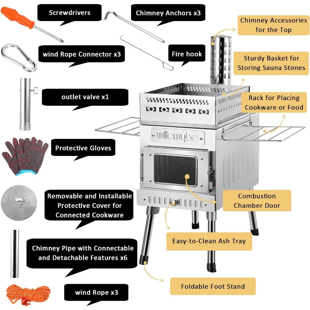 Outdoor Sauna Hot Tent Stove, Rocket Stove Heater, Portable Camping Wood Stove for Dry Sauna, Cooking for Husband and Friends 5
