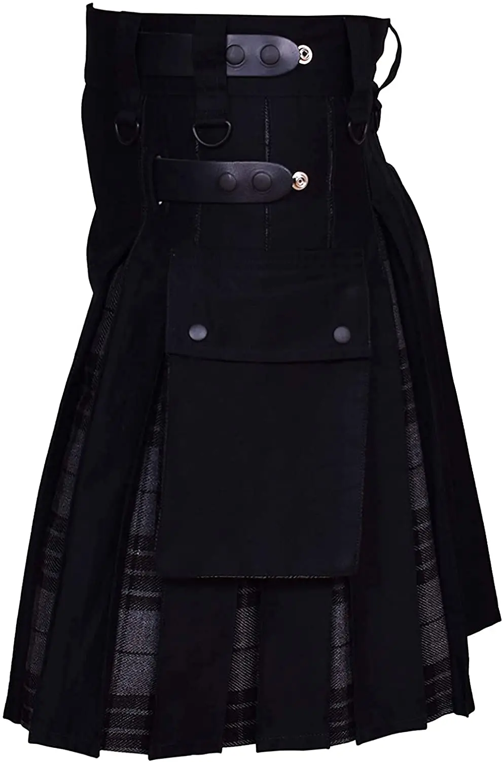 Kilts-Men's Plus Size Scottish Hybrid Black Cotton & Tartan Utility Kilts with Leather Straps Kilts for Men